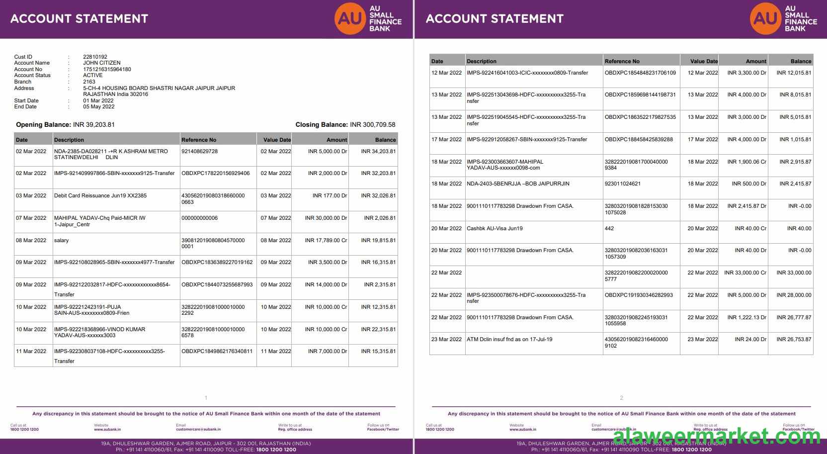 India AU Small Finance bank statement 5 pages